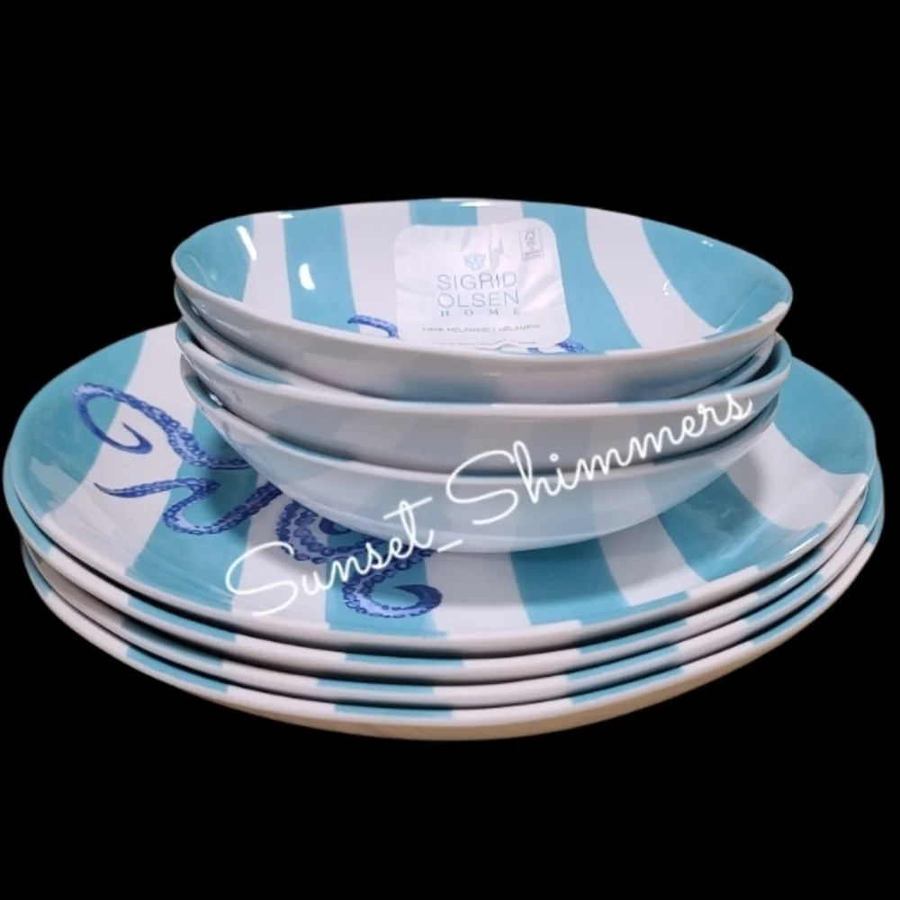 8pc Sigrid Olsen Blue Octopus Cabana Stripe Melamine Dinner Plate & Bowl Set New